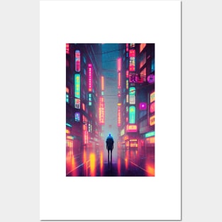 Man Tokyo Neon Anime Japan Rainy Night Street Vibes <3 Posters and Art